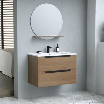 Ensemble meuble suspendu effet bois 2 tiroirs + vasque en céramique blanche l.80 cm + 1 miroir Ø70 cm
