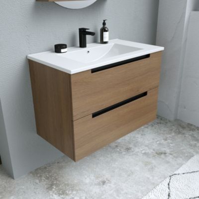 Ensemble meuble suspendu effet bois 2 tiroirs + vasque en céramique blanche l.80 cm + 1 miroir Ø70 cm