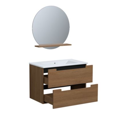 Ensemble meuble suspendu effet bois 2 tiroirs + vasque en céramique blanche l.80 cm + 1 miroir Ø70 cm