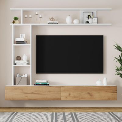 Ensemble meuble TV 180x35x22,5cm avec vitrines, blanc + couleur bois, meuble multimédia, étagère sur pied et murale