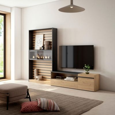 Ensemble meuble TV 260x35x186cm feu led sans chaleur chêne et noir