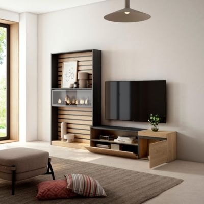Ensemble meuble TV 260x35x186cm feu led sans chaleur chêne et noir