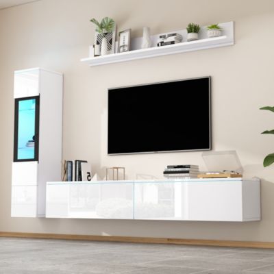Ensemble meuble TV 3 pièces - Meuble Bas, Vitrine et Étagère Murale avec Éclairage LED - design Moderne - MDF et Verre - Blanc
