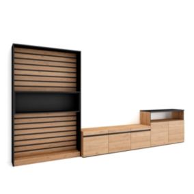 Ensemble Meuble TV, 360x35x186cm, Pour les TV jusqu'à 65', Chêne et noir