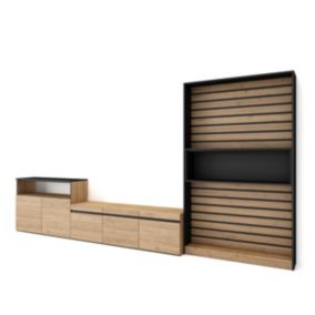 Ensemble Meuble TV, 360x35x186cm, Pour les TV jusqu'à 65', Chêne et noir