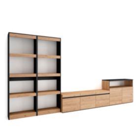 Ensemble Meuble TV, 370x35x186cm, Pour les TV jusqu'à 65', Chêne et noir