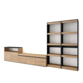 Ensemble Meuble TV, 370x35x186cm, Pour les TV jusqu'à 65', Chêne et noir