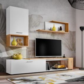 Ensemble Meuble TV Design "Maze II" 200cm Blanc & Naturel