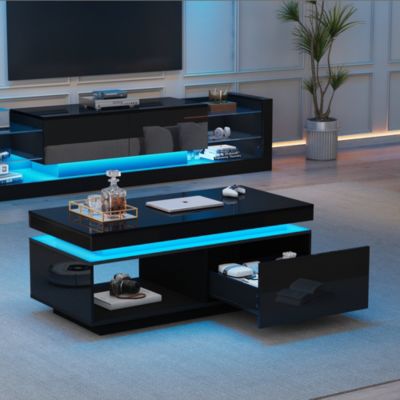 Ensemble Meuble TV et Salon - 2 Pièces avec Table Basse et Éclairage LED, Panneaux Haut Brillant, Noir, 181x38x38 + 100x50x40.3 cm