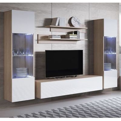Ensemble meuble TV moderne - Mélamine blanc/sonoma - 1 TV + 2 armoires + 2 étagères - 160x30x40 cm