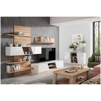 Ensemble meuble TV paroi murale blanc décor chêne clair - NOVA