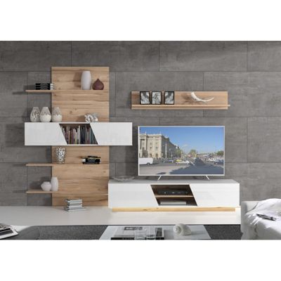 Ensemble meuble TV paroi murale blanc décor chêne clair - NOVA