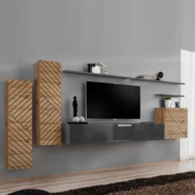 Ensemble Meuble TV "Switch Lamel I" 330cm Gris & Naturel