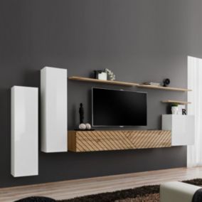 Ensemble Meuble TV "Switch Lamel I" 330cm Naturel & Blanc