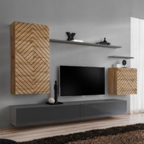 Ensemble Meuble TV "Switch Lamel II" 270cm Gris & Naturel