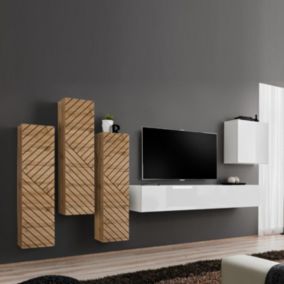 Ensemble Meuble TV "Switch Lamel III" 330cm Blanc & Naturel