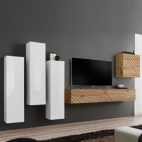 Ensemble Meuble TV "Switch Lamel III" 330cm Naturel & Blanc