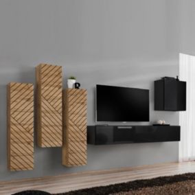 Ensemble Meuble TV "Switch Lamel III" 330cm Noir & Naturel