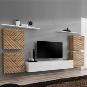 Ensemble Meuble TV "Switch Lamel IV" 320cm Blanc & Naturel