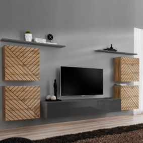 Ensemble Meuble TV "Switch Lamel IV" 320cm Gris & Naturel