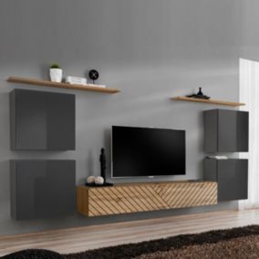 Ensemble Meuble TV "Switch Lamel IV" 320cm Naturel & Gris