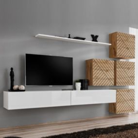 Ensemble Meuble TV "Switch Lamel IX" 310cm Blanc & Naturel