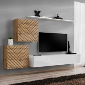 Ensemble Meuble TV "Switch Lamel V" 250cm Blanc & Naturel