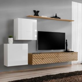 Ensemble Meuble TV "Switch Lamel V" 250cm Naturel & Blanc