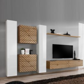 Ensemble Meuble TV "Switch Lamel VI" 330cm Naturel & Blanc