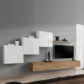 Ensemble Meuble TV "Switch Lamel X" 330cm Naturel & Blanc