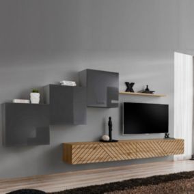 Ensemble Meuble TV "Switch Lamel X" 330cm Naturel & Gris