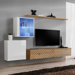 Ensemble Meuble TV "Switch Lamel XV" 260cm Naturel & Blanc