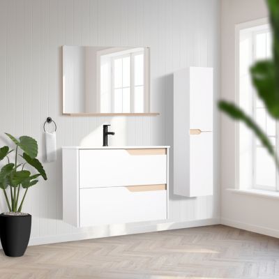 Ensemble meuble vasque 2 tiroirs blanc mat et effet bois l.80 cm + plan vasque + miroir, Tolima