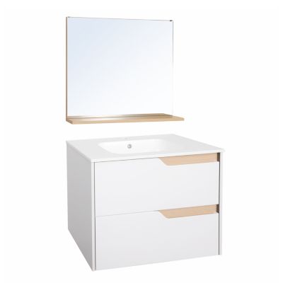Ensemble meuble vasque 2 tiroirs blanc mat et effet bois l.80 cm + plan vasque + miroir, Tolima
