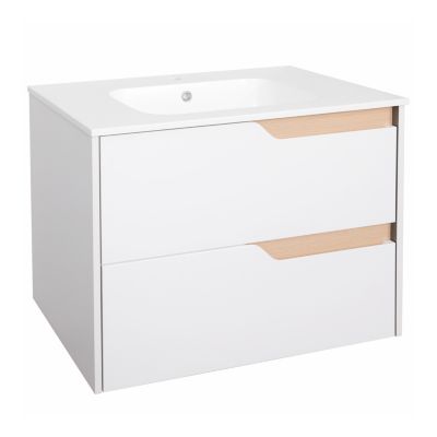 Ensemble meuble vasque 2 tiroirs blanc mat et effet bois l.80 cm + plan vasque + miroir, Tolima