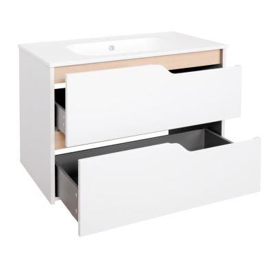 Ensemble meuble vasque 2 tiroirs blanc mat et effet bois l.80 cm + plan vasque + miroir, Tolima