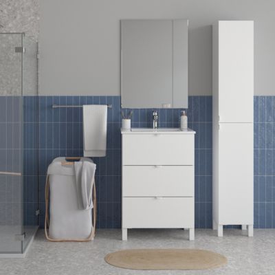 Ensemble meuble vasque blanc mat l.60 cm + plan vasque blanc en céramique + miroir, Otto