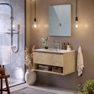 Ensemble meuble vasque effet chêne l.80 cm + plan vasque en céramique + miroir, Cremona