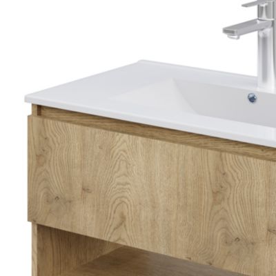 Ensemble meuble vasque effet chêne l.80 cm + plan vasque en céramique + miroir, Cremona