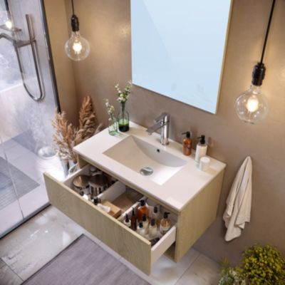 Ensemble meuble vasque effet chêne l.80 cm + plan vasque en céramique + miroir, Cremona