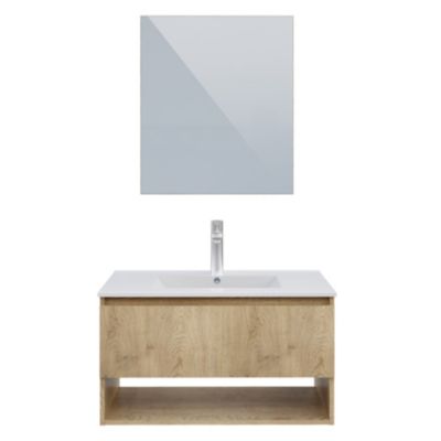 Ensemble meuble vasque effet chêne l.80 cm + plan vasque en céramique + miroir, Cremona