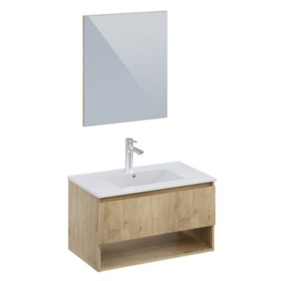Ensemble meuble vasque effet chêne l.80 cm + plan vasque en céramique + miroir, Cremona