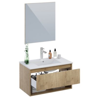 Ensemble meuble vasque effet chêne l.80 cm + plan vasque en céramique + miroir, Cremona