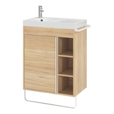 Ensemble meuble vasque faible profondeur effet bois avec porte-serviettes l.65 x H.82 x P.36 cm + plan vasque résine blanc + miroir, GoodHome Maza