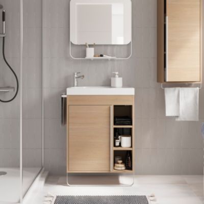 Ensemble meuble vasque faible profondeur effet bois avec porte-serviettes l.65 x H.82 x P.36 cm + plan vasque résine blanc + miroir, GoodHome Maza