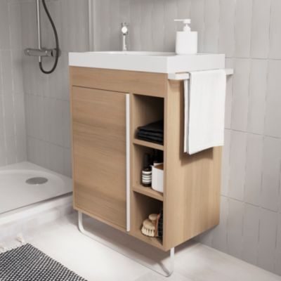 Ensemble meuble vasque faible profondeur effet bois avec porte-serviettes l.65 x H.82 x P.36 cm + plan vasque résine blanc + miroir, GoodHome Maza