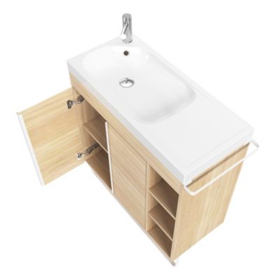 Ensemble meuble vasque faible profondeur effet bois avec porte-serviettes l.85 x H.82 x P.36 cm + plan vasque résine blanc + miroir, GoodHome Maza