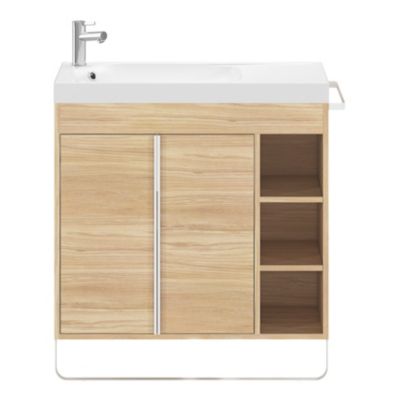 Ensemble meuble vasque faible profondeur effet bois avec porte-serviettes l.85 x H.82 x P.36 cm + plan vasque résine blanc + miroir, GoodHome Maza