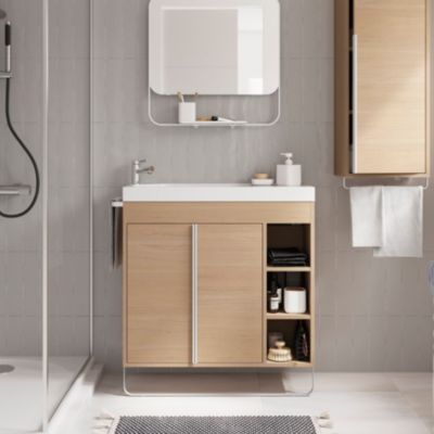 Ensemble meuble vasque faible profondeur effet bois avec porte-serviettes l.85 x H.82 x P.36 cm + plan vasque résine blanc + miroir, GoodHome Maza