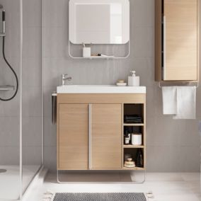 Ensemble meuble vasque faible profondeur effet bois avec porte-serviettes l.85 x H.82 x P.36 cm + plan vasque résine blanc + miroir, GoodHome Maza